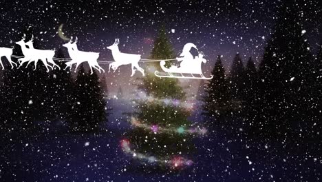 animation of santa sleigh and snow falling over winter landscape