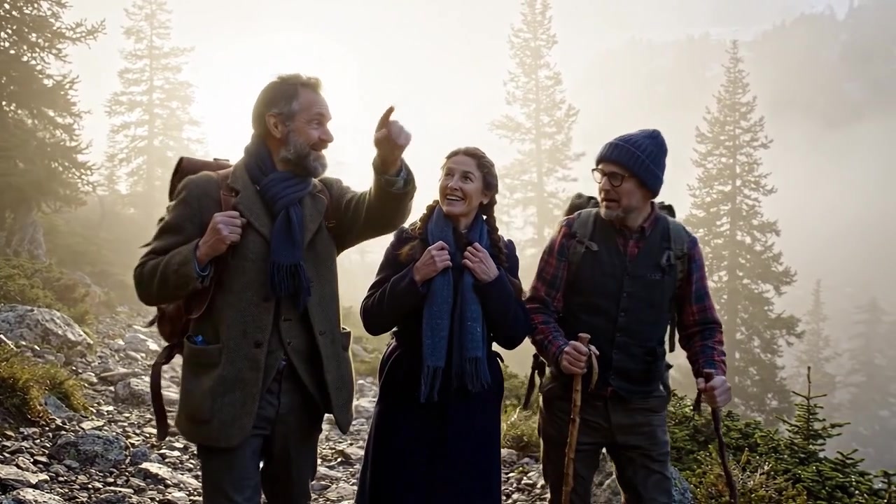 Un Gruppo di Escursionisti Avventurosi in Trekking su un Sentiero di Montagna Nebbioso, Circondato da Natura Maestosa e Foreste Rigogliose, che Abbraccia la Bellezza degli Spazi Aperti.