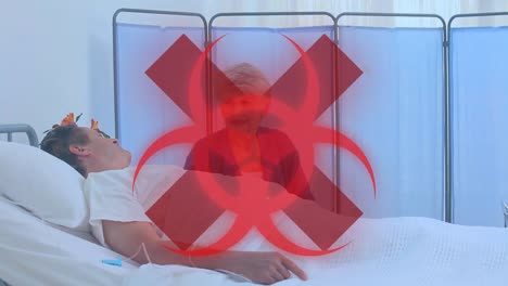 health hazard sign over senior patient in hospital bed in the background. covid-19 spreading