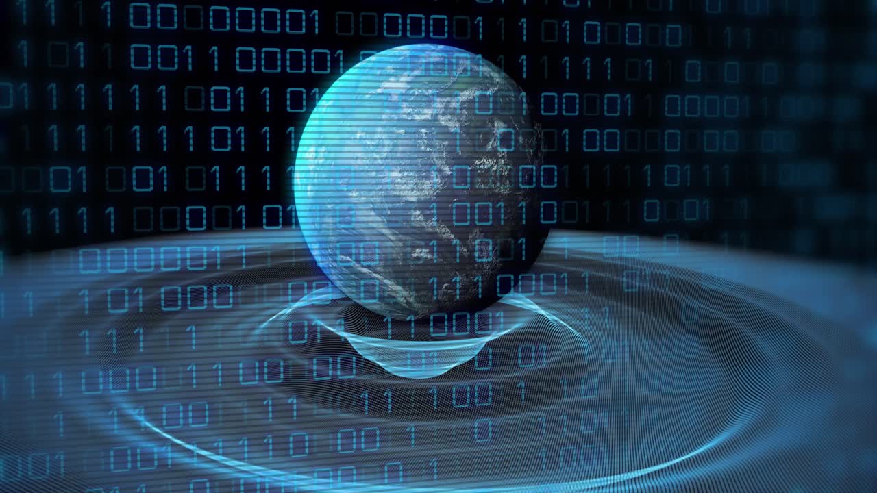 Animation of binary coding and data processing over globe