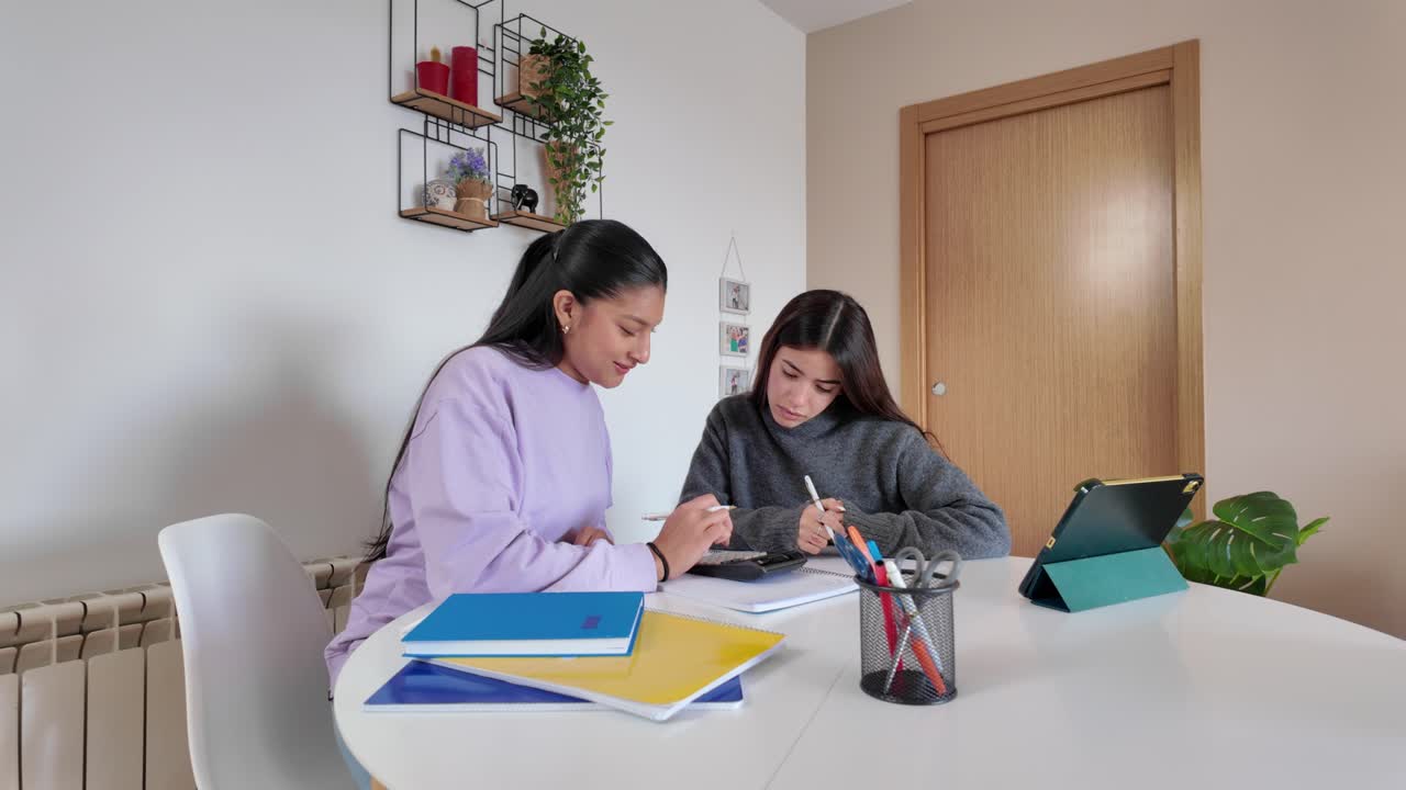 Two Girls Studying Together at Home