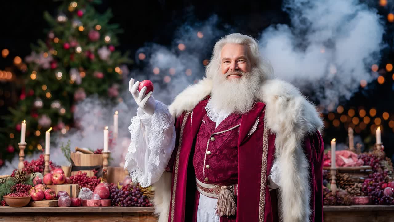 A Joyful Figure Celebrating the Festive Season with Cheer and Warmth, Surrounded by Bountiful Decorations and Glowing Lights in a Winter Wonderland