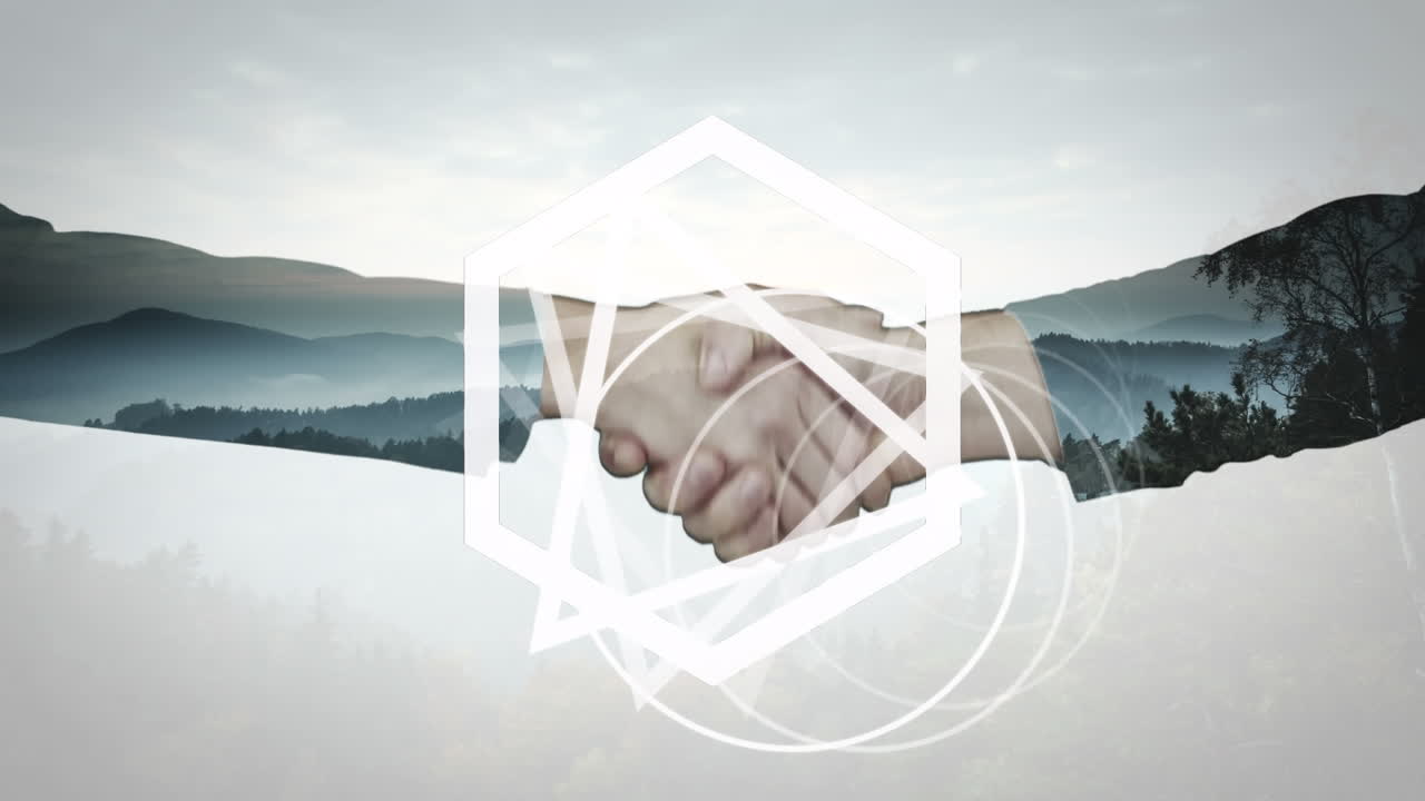 ⁇ 색 모양의 애니메이션과 비즈니스 사람들이 풍경에 손을 흔들고