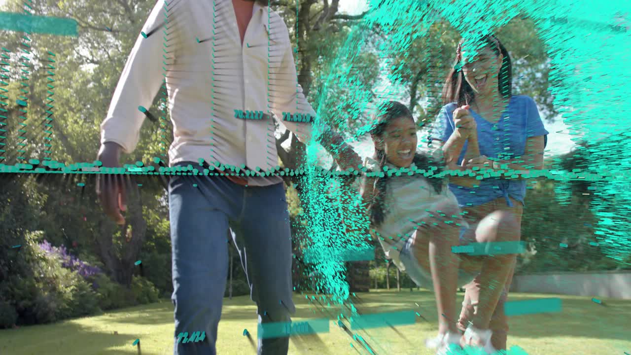Parents lifting daughter for playing after child skipping, past treehouse teal tech glitch sweeping