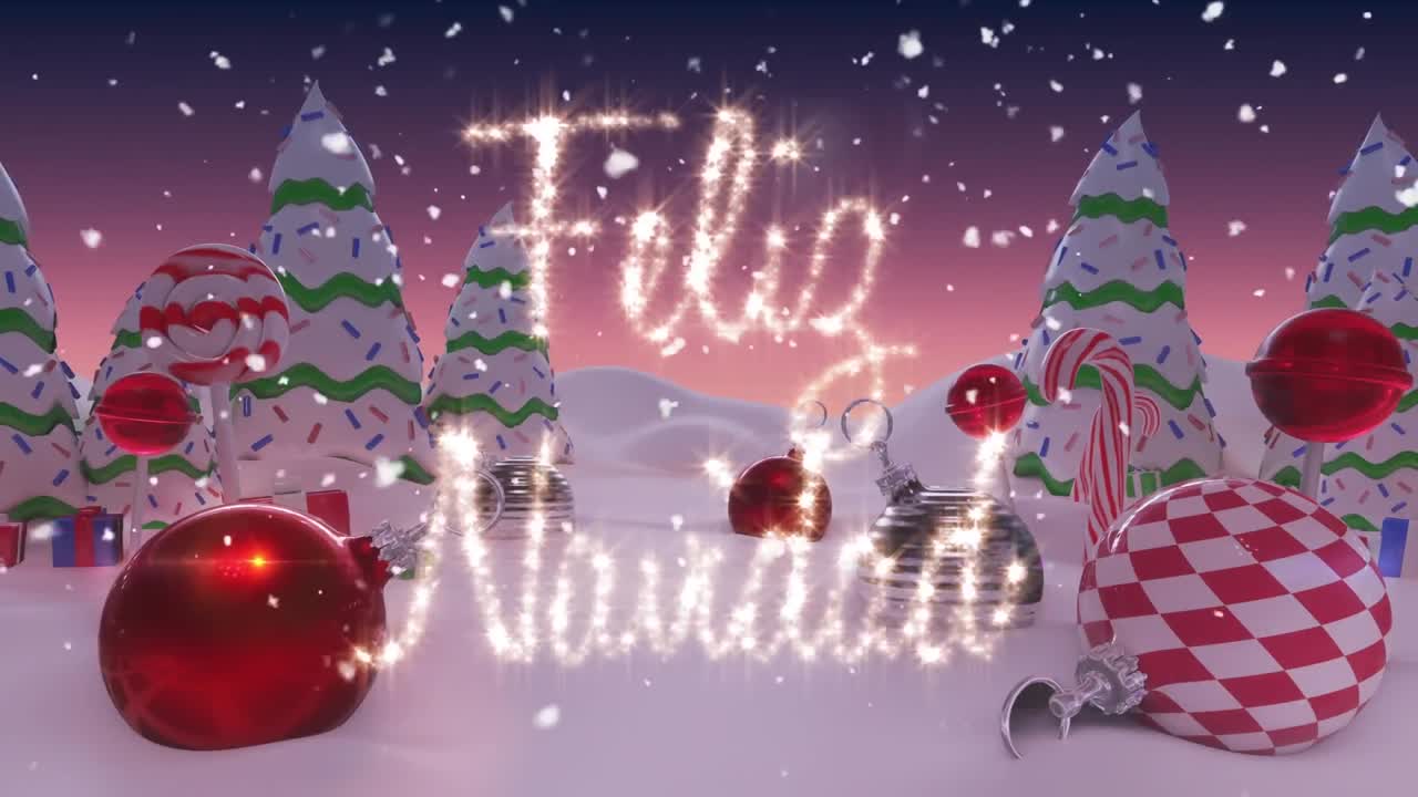 Animation of christmas season's greetings over winter scenery with snow and christmas decorations