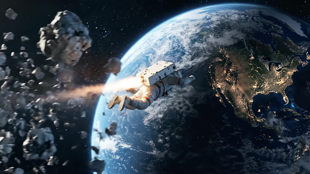 Astronauta con jetpack naviga in un campo di asteroidi verso la Terra