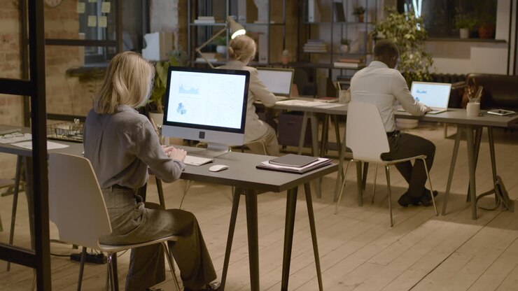 Rear View Of Three Coworkers Sitting At Desk While Watching Stadistics And Graphics On Computer Monitor