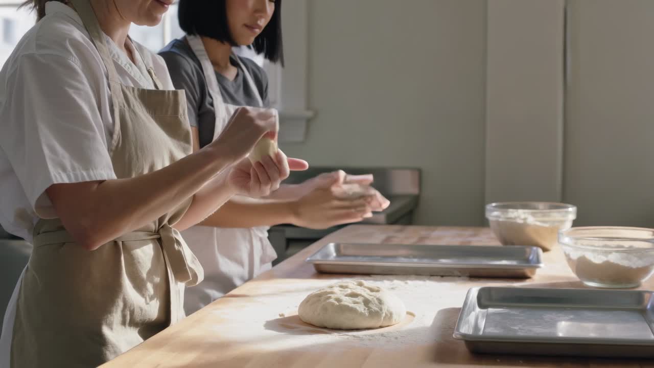 面包师搓着手，教学生揉面团并将其放在工作台上的托盘里，两人都穿着围裙。