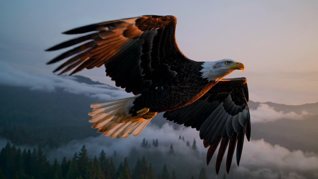 Majestic eagle soaring over misty mountains at sunrise, captured from a side angle