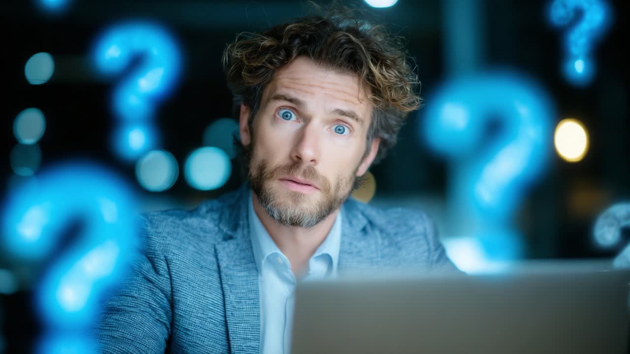A Man in Deep Thought Ponders Life's Questions Illuminated by Glowing Blue Question Marks, Capturing the Essence of Curiosity and Contemplation