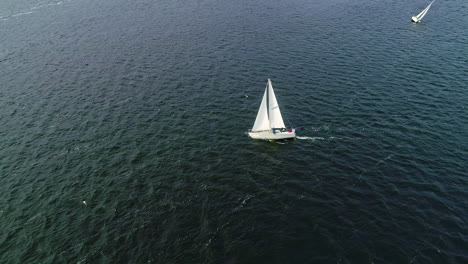 Aerial-view-of-happy-and-excited-people-on-sailboats-or-yachts-on-a-sunny-summer-morning