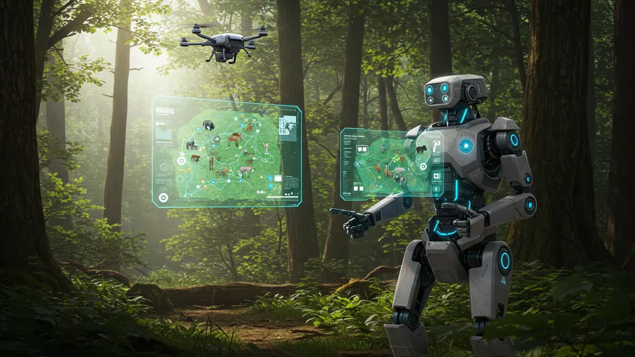 A futuristic robot in an enchanting forest interacts with advanced holographic displays while a drone hovers above, showcasing technology and nature in harmony
