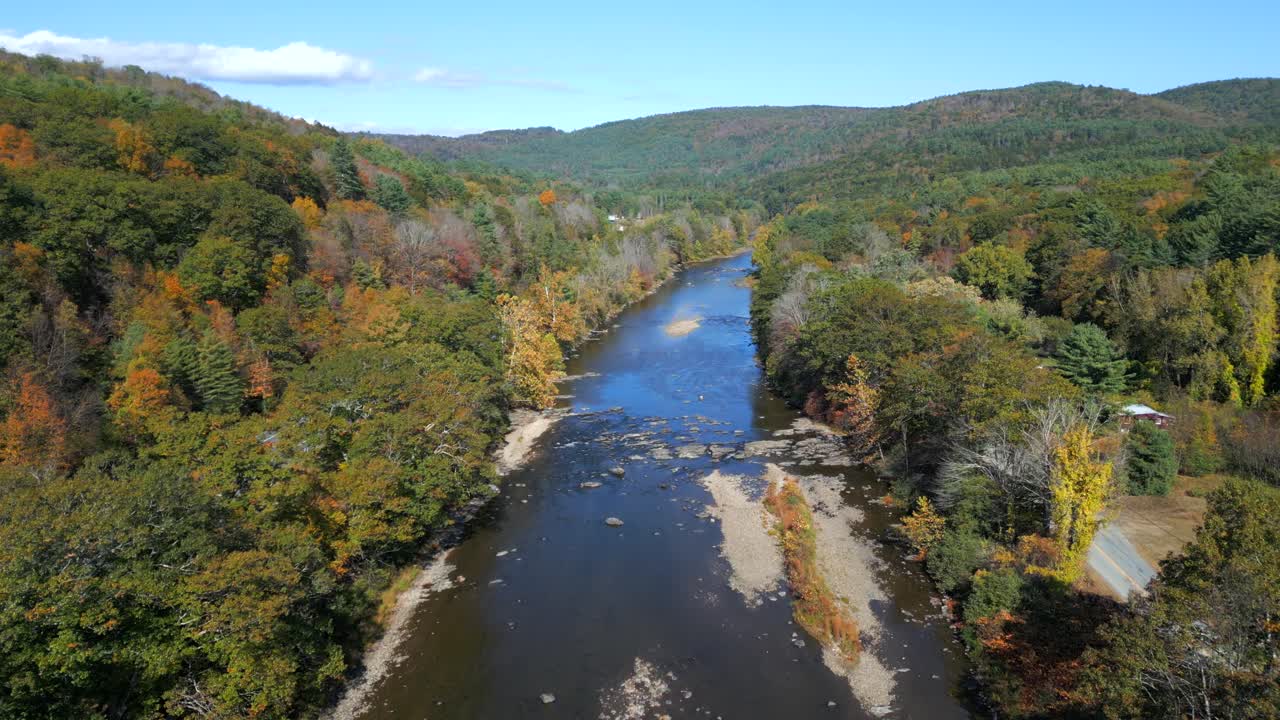 Panoramic approach upstream West River, Green Mountains Vermont USA, summer day