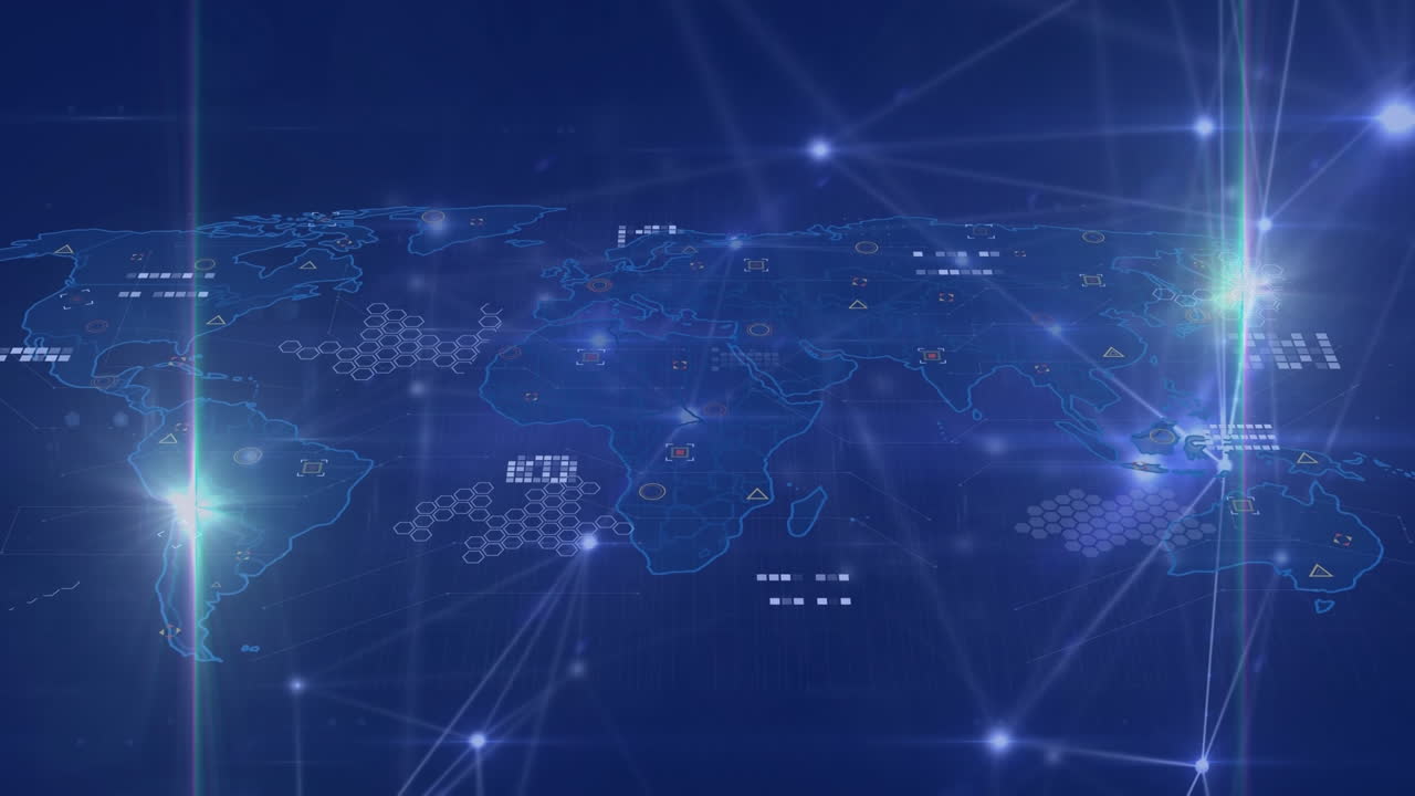animación de conexiones, luces y mapa del mundo sobre fondo azul