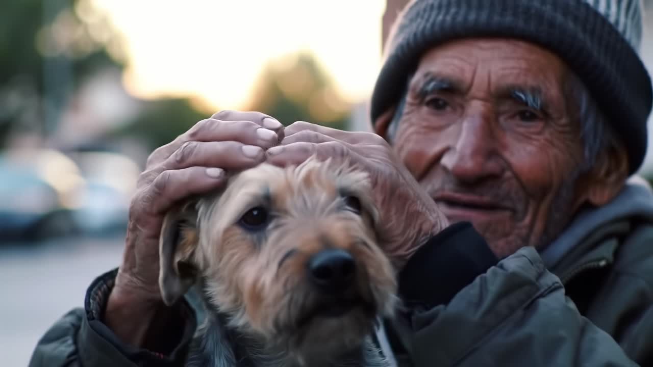 A Heartwarming Moment: An Elderly Man Shares a Tender Bond with His Beloved Dog in a Serene Outdoor Setting during Sunset