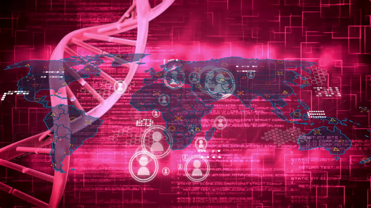 Animation of DNA strand with digital world map and data processing elements