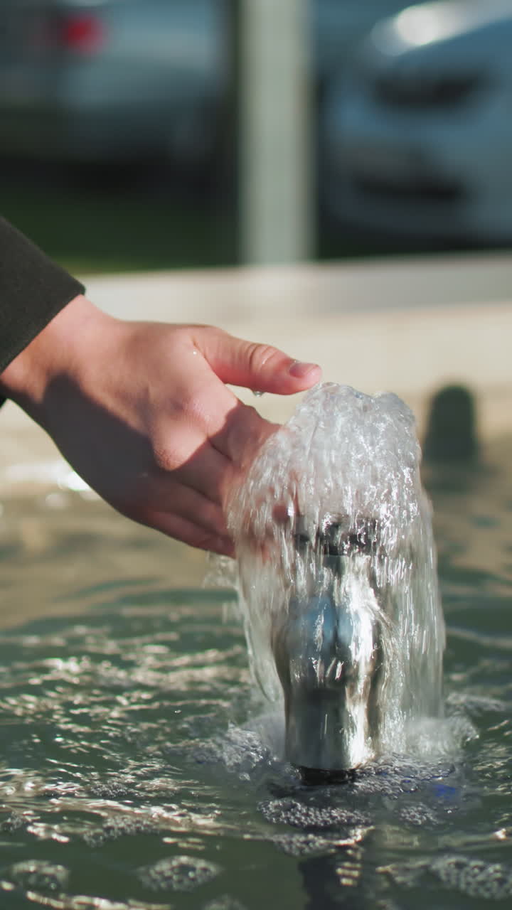 검은 코트를 입은 남자의 손이 걱거리는 물을 만지고, 차가 주차되어 있는 차와 야외의 초록색이 흐릿한 배경입니다.