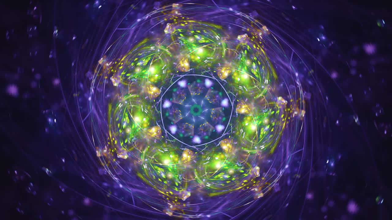 fondo fractal de caleidoscopio abstracto - globos de loto cósmico - cósmico de bucle sin fisuras, viaje espiritual del portal y patrones místicos