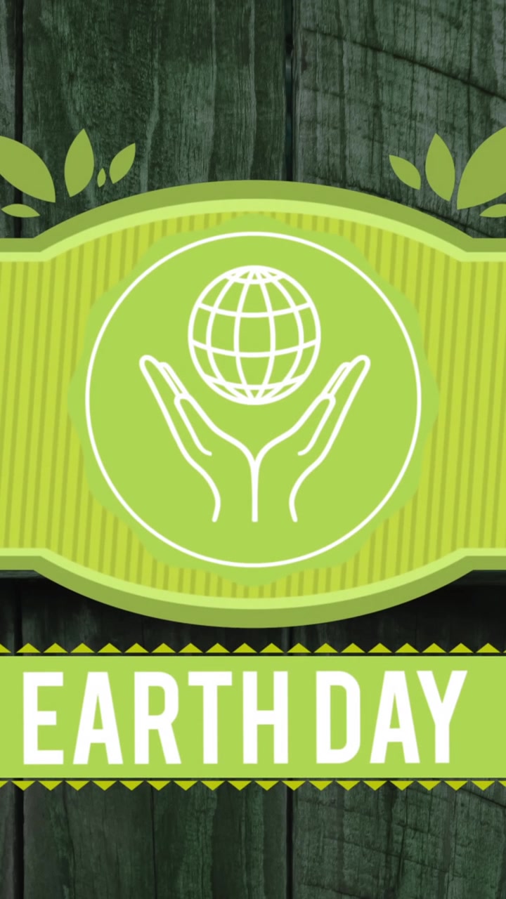 Animation of earth day with globe in hands on wooden door background