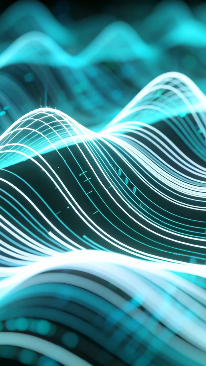 Vertical video: Playback starting teal parallel lines rippling across dark space, revealing ridges