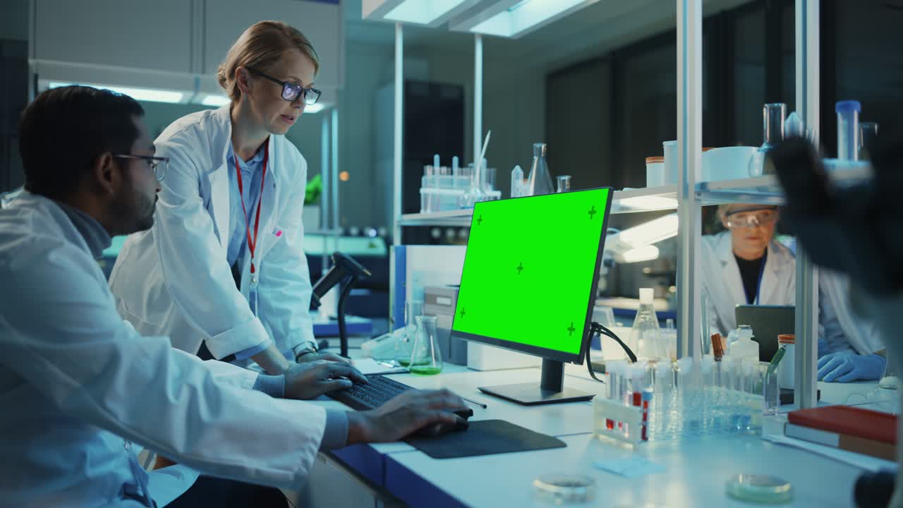 una científica de investigación tiene una conversación con un bioingeniero junto a una computadora de escritorio con una maqueta de pantalla verde. miran una plantilla de computadora en un laboratorio de ciencia moderno.