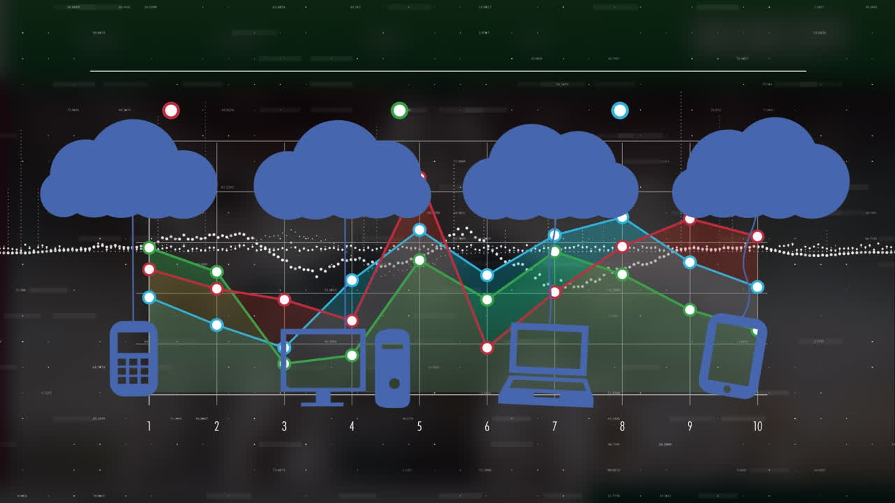 Animation of data processing and media icons on black background