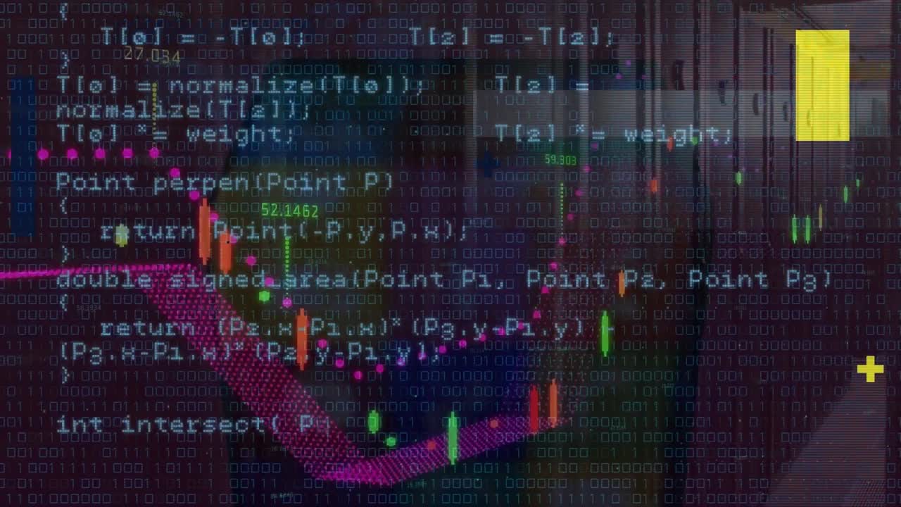 Animation of looping computer language over graphs, binary codes against server room in background