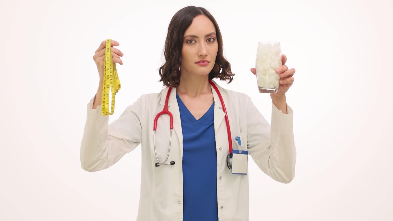 Female Doctor with Measuring Tape and Ice Cubes for Health and Diet