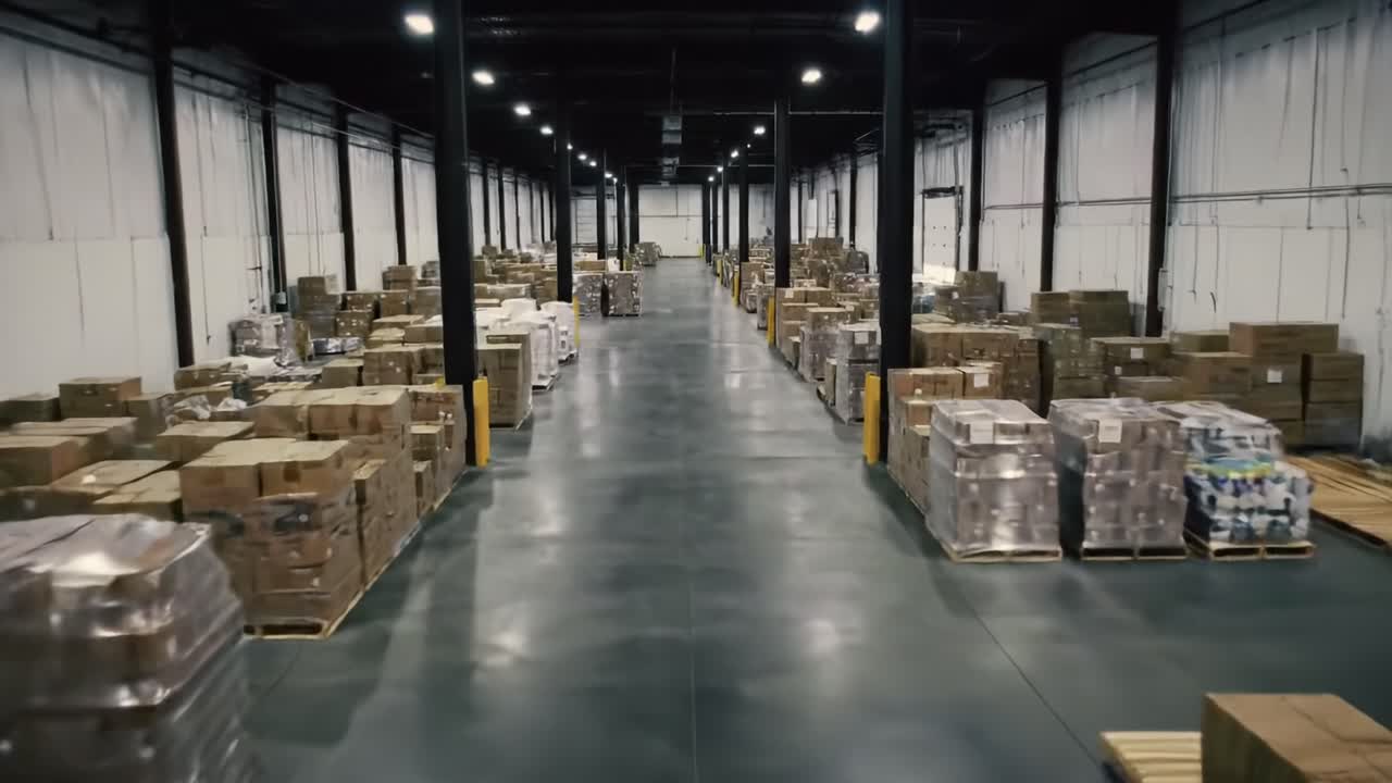 Aerial View of a Large Warehouse Filled with Organized Rows of Stacked Boxes and Pallets, Showcasing Efficient Storage Solutions for Inventory Management