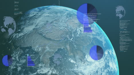 animación del procesamiento de datos sobre un globo giratorio contra un fondo azul