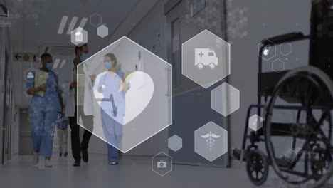 animation of heartbeat and medical icons over diverse doctors in face masks talking in corridor