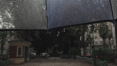 walking outdoors in rainy weather view from under umbrella