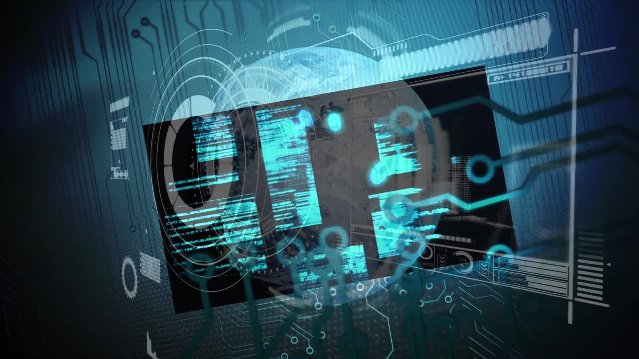Animation of globe, security systems and diverse data processing on digital screen