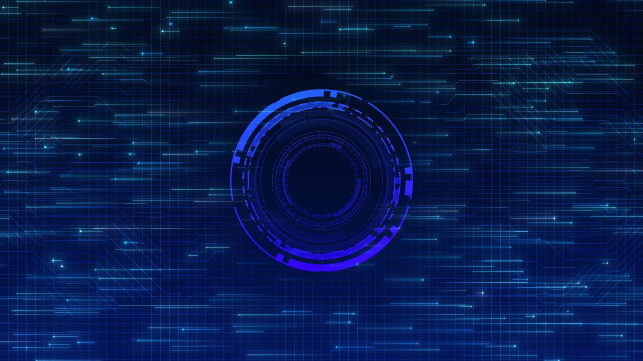 Futuristic hud interface features rotating digital core hightech circuit grid glowing data pulses