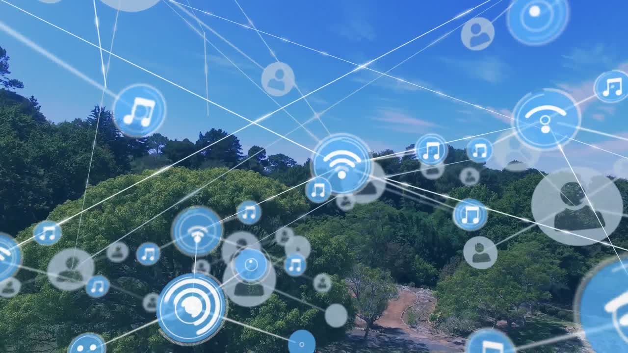 풍경 배경 위의 아이콘으로 연결 네트워크의 애니메이션