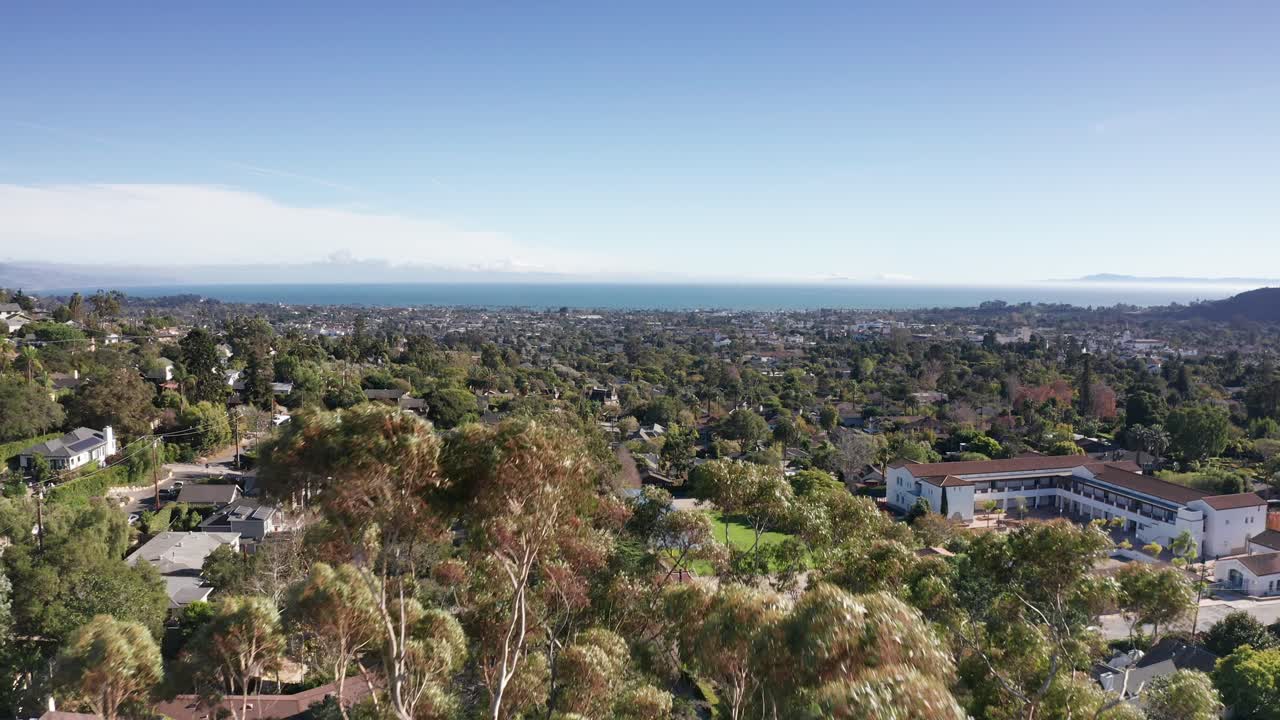 Wide rising aerial shot of Santa Barbara from the Spanish Mission in Southern California. 4K