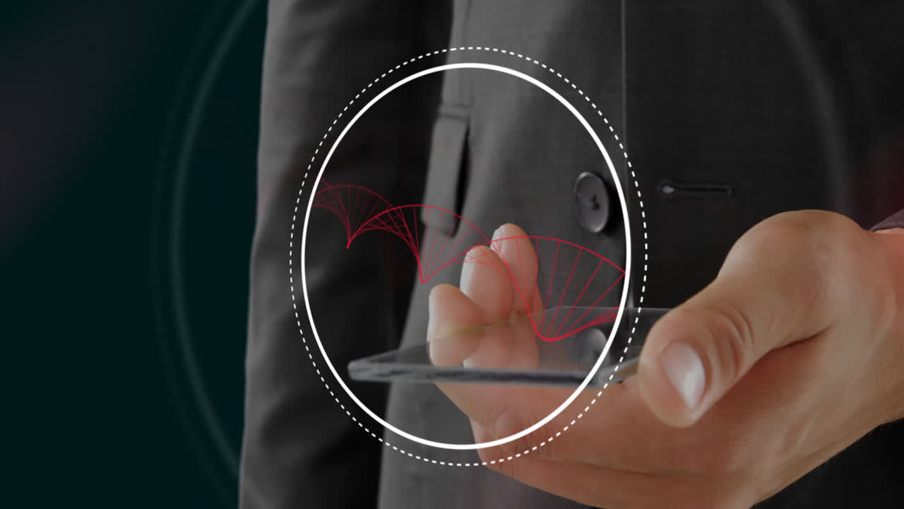 Holding smartphone, businessperson viewing digital DNA strand animation overlay