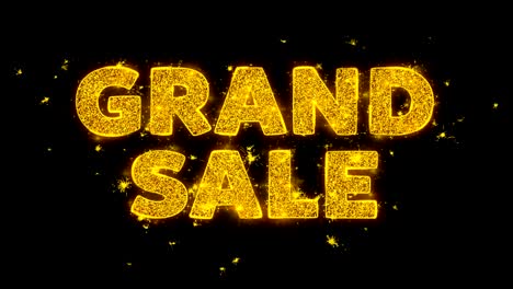 grand sale text sparks particles on black background.