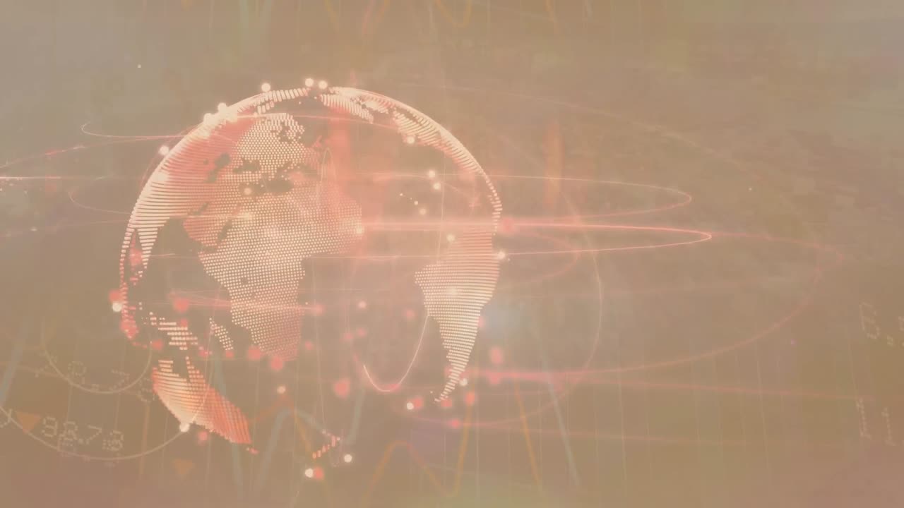 Digital animation of light trails over spinning globe against grey background