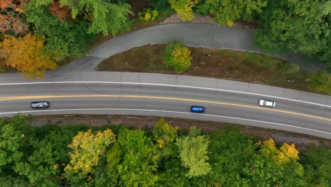 Toma-Aérea-Directa-Hacia-Abajo-De-Los-Autos-Que-Viajan-A-Lo-Largo-De-La-Carretera-Entre-El-Follaje-De-Otoño