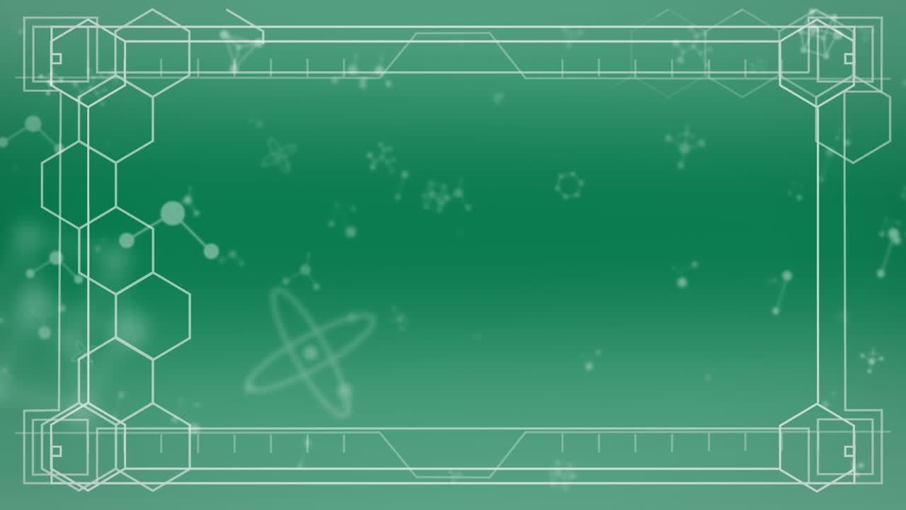 녹색 배경 위에 움직이는 분자와 기하학적 모양의 애니메이션