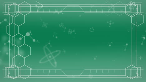 animación de moléculas y formas geométricas que se mueven sobre un fondo verde