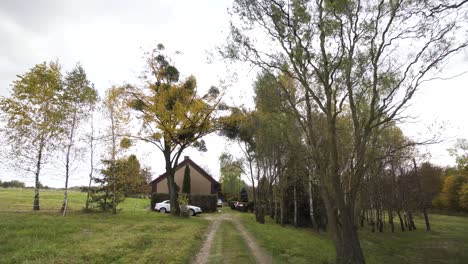 camino a casa con patio trasero, jardín, casa solitaria y árboles coloridos de otoño en un día nublado