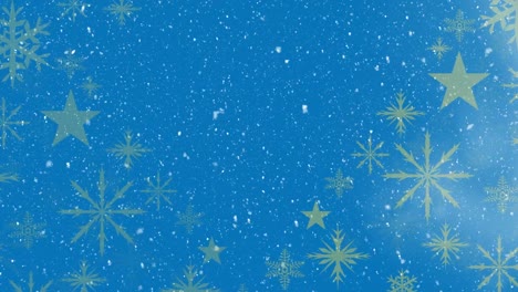 Animation-of-snow-falling-over-snowflakes-and-stars-on-blue-background