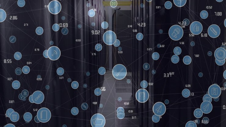 Animation of network of connections with icons over computer servers