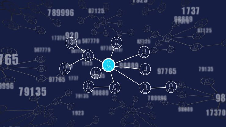 Animation of network of profile icons and multiple changing numbers against blue background