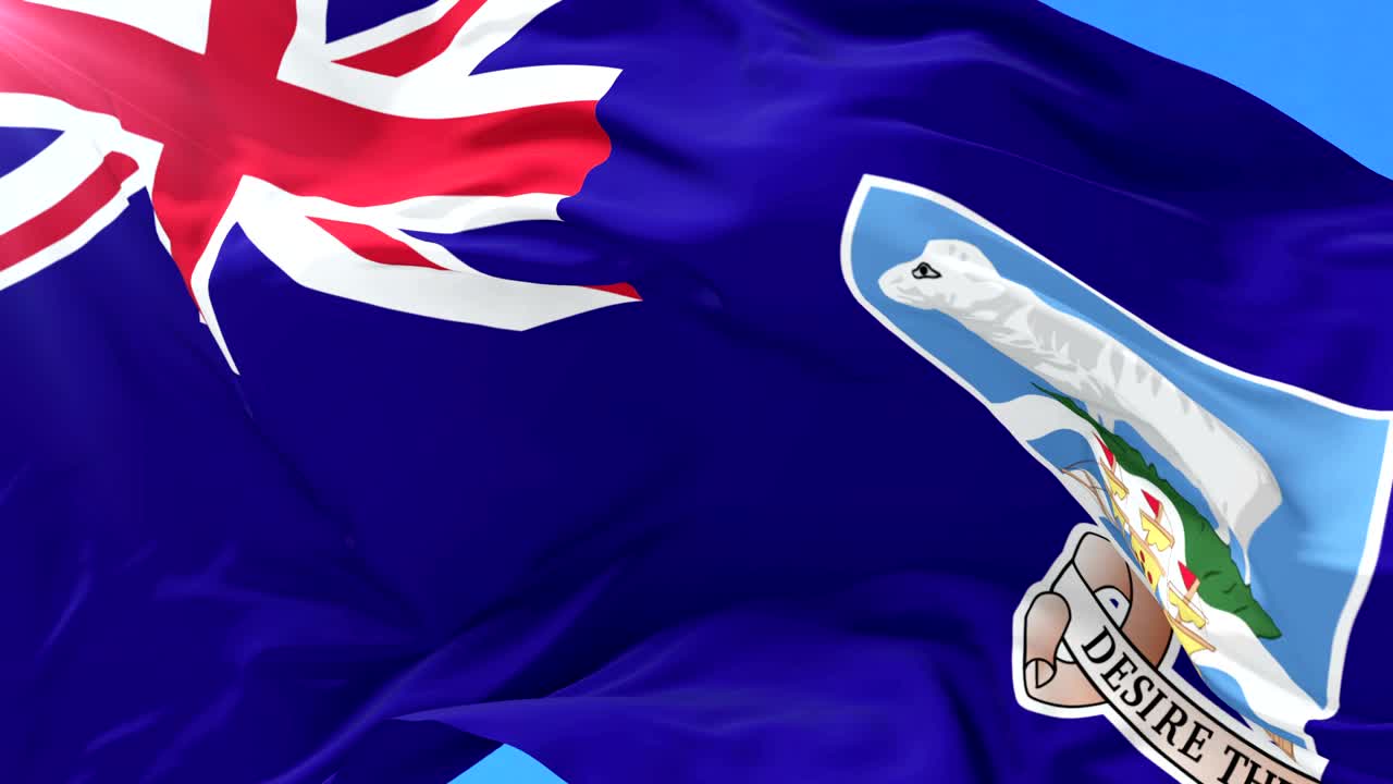 폭클랜드 섬의 발이 바람에 흔들리고 푸른 하늘이 느리게 회전하고 있습니다.