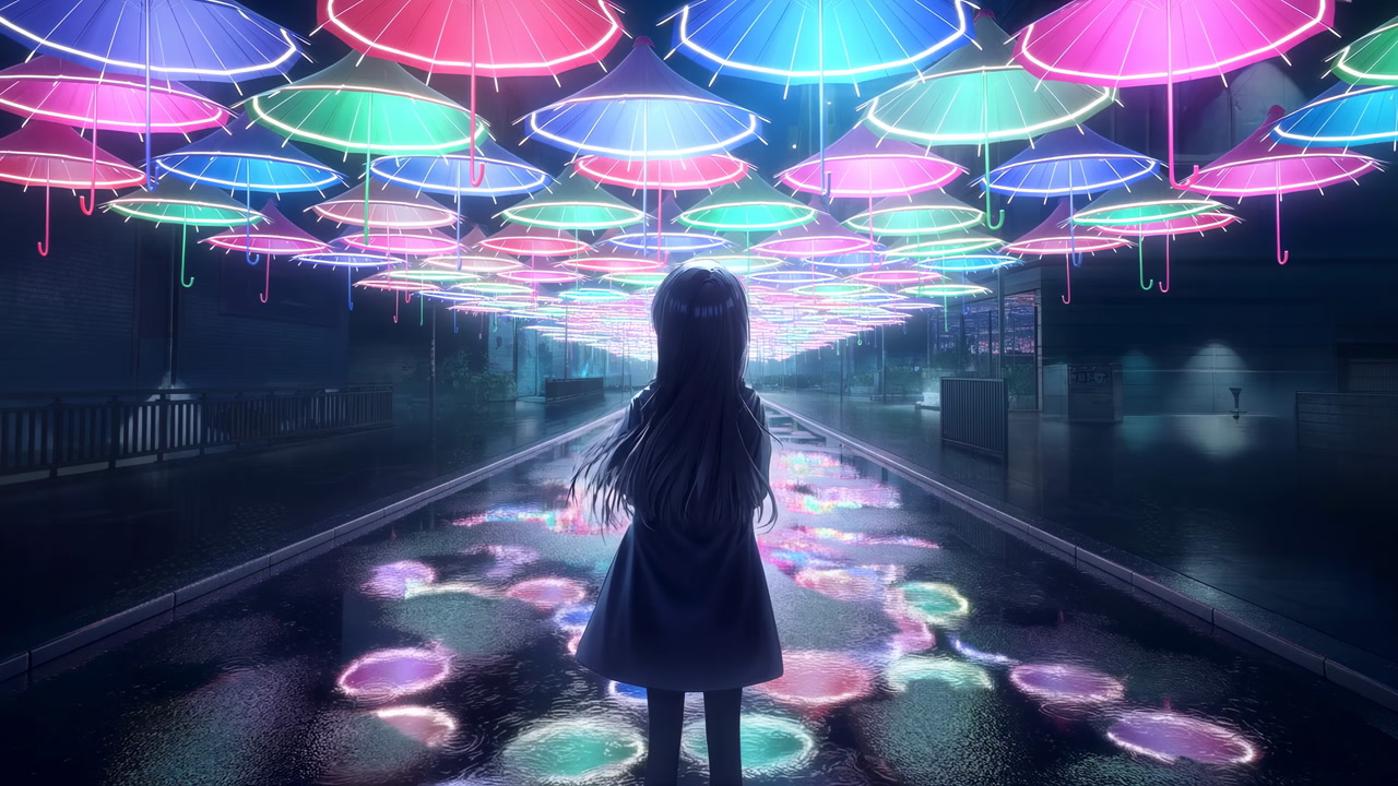 Child Silhouette Beneath Neon Umbrella Canopy, Wet City Street With Glowing Puddle Reflections, Hanging