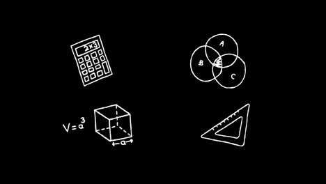 animación de iconos escolares blancos sobre un fondo negro.