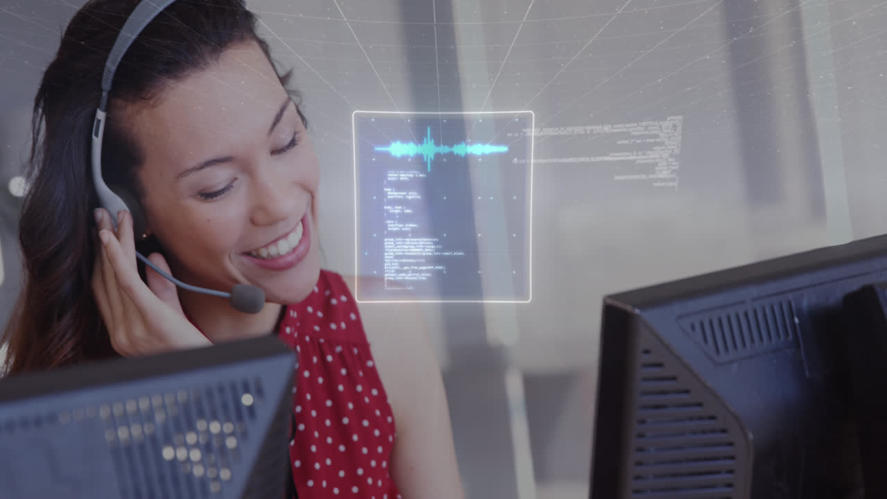 animación del procesamiento de datos sobre una mujer de negocios biracial en la oficina